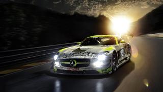 Mercedes-AMG GT racing car in front of a sunset