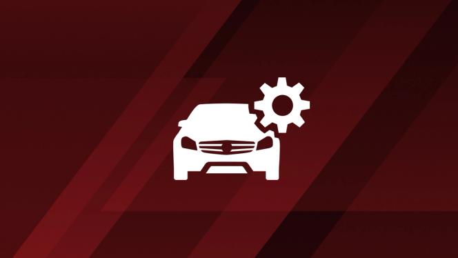 Symbolisches AMG-Fahrzeug mit symbolischem Zahnrad vor rotgestreiftem Hintergrund