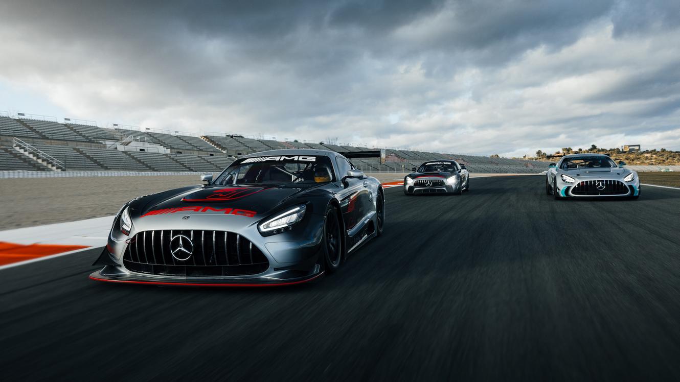 3 Mercedes-AMG GT on an empty race track