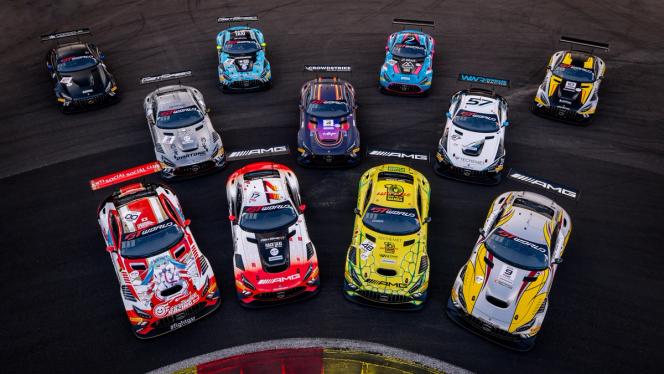 Bird's eye view of several GT racing cars at the CrowdStrike 24 Hours of Spa