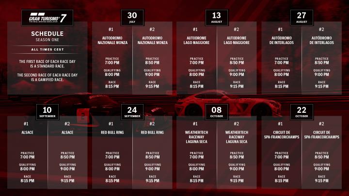 Eine Grafik, die den Rennkalender für Gran Turismo 7 zeigt.