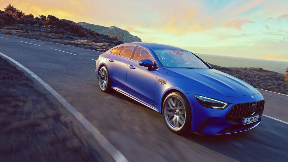 Mercedes-AMG GT 63 SE Performance drives along an artificially created road.