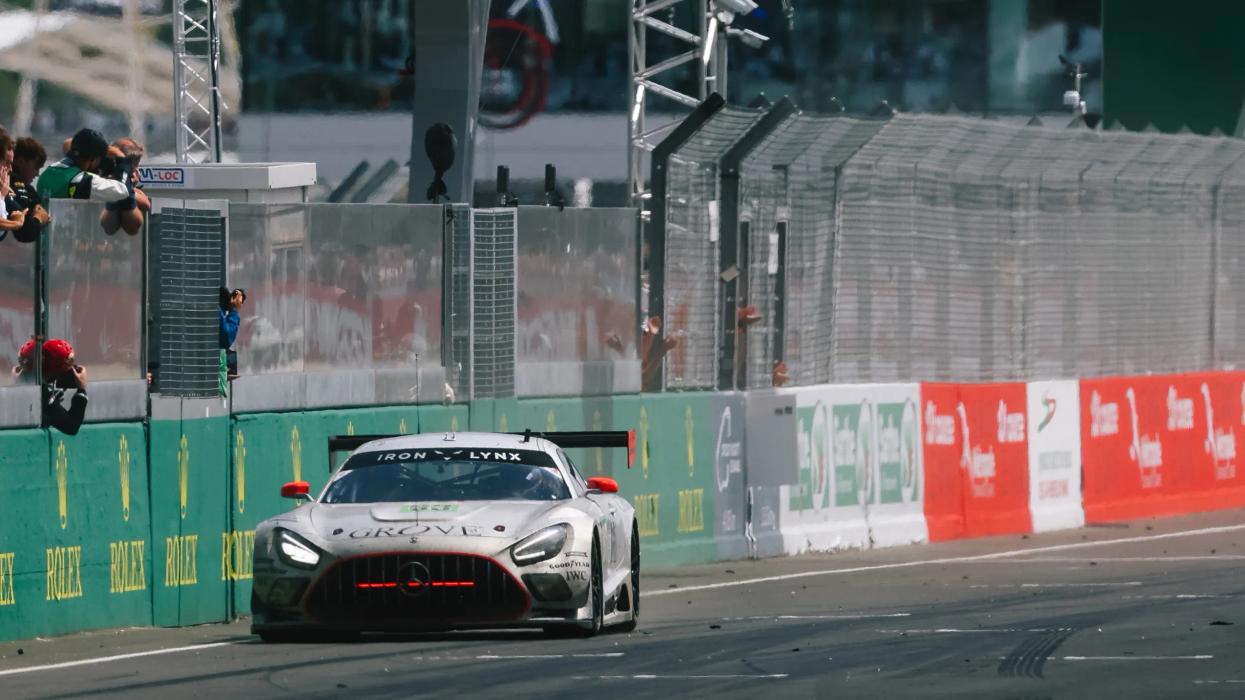 Mercedes-AMG GT close to the kerb on a straight at the 2025 Le Mans 24 Hours