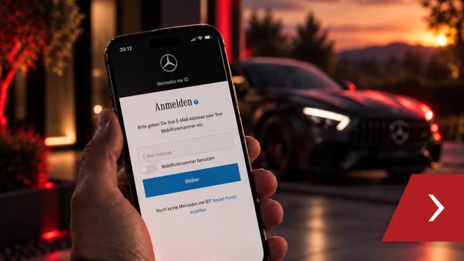 Ein Smartphone zeigt die Mercedes me Anmeldemaske