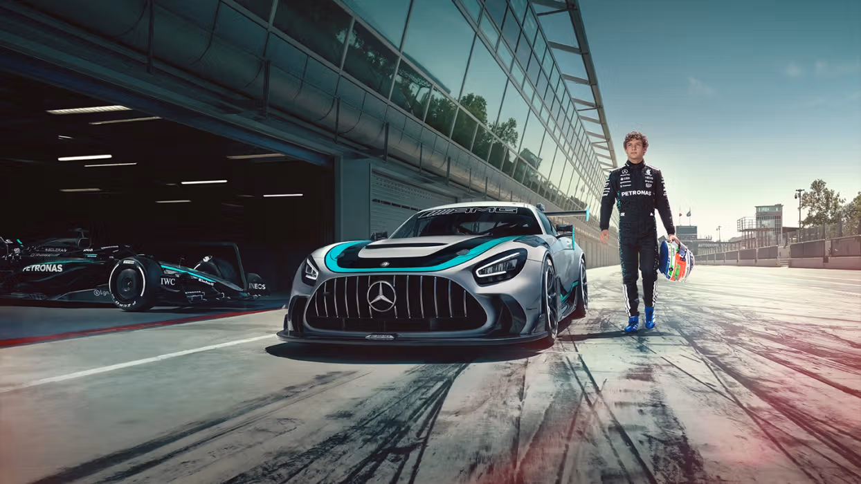 The new Mercedes-AMG GT2 Edition W16 Side by side in front of the W16, alongside Kimi Antonelli