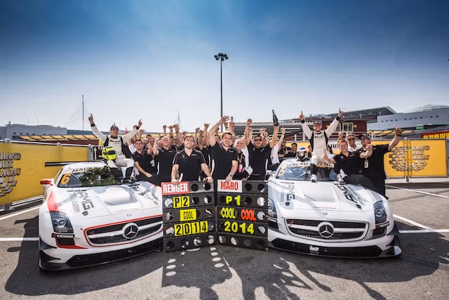 The entire AMG GT racing team including the 2 winning cars