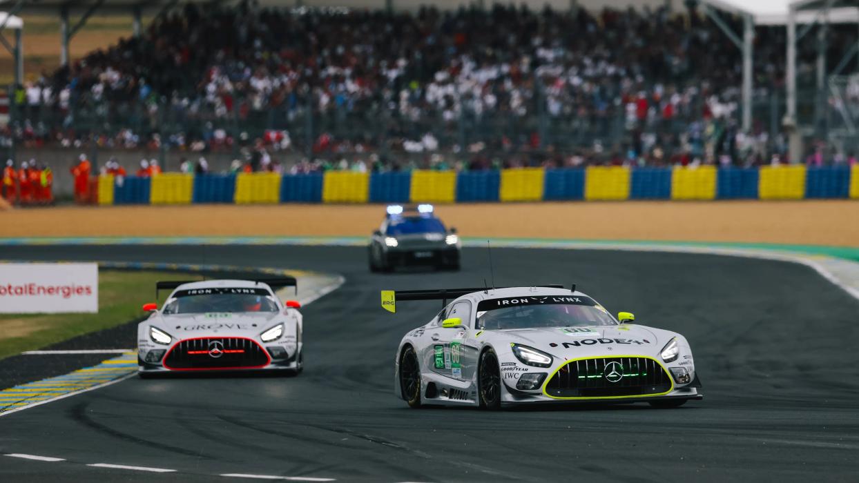 Mercedes-AMG GTs cornering at the 24 Hours of Le Mans 2025