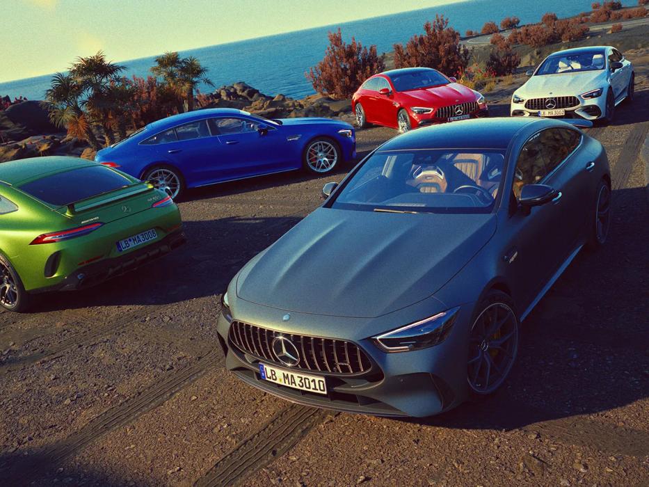 Mercedes-AMG GT 4-Doors family and models on a parking space.