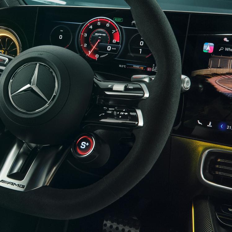 Close-up of the steering wheel and speedometer