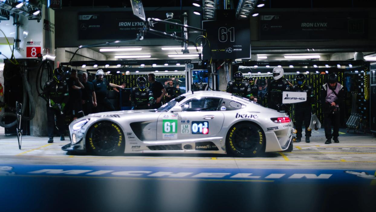 Mercedes-AMG GT in the pit lane at night