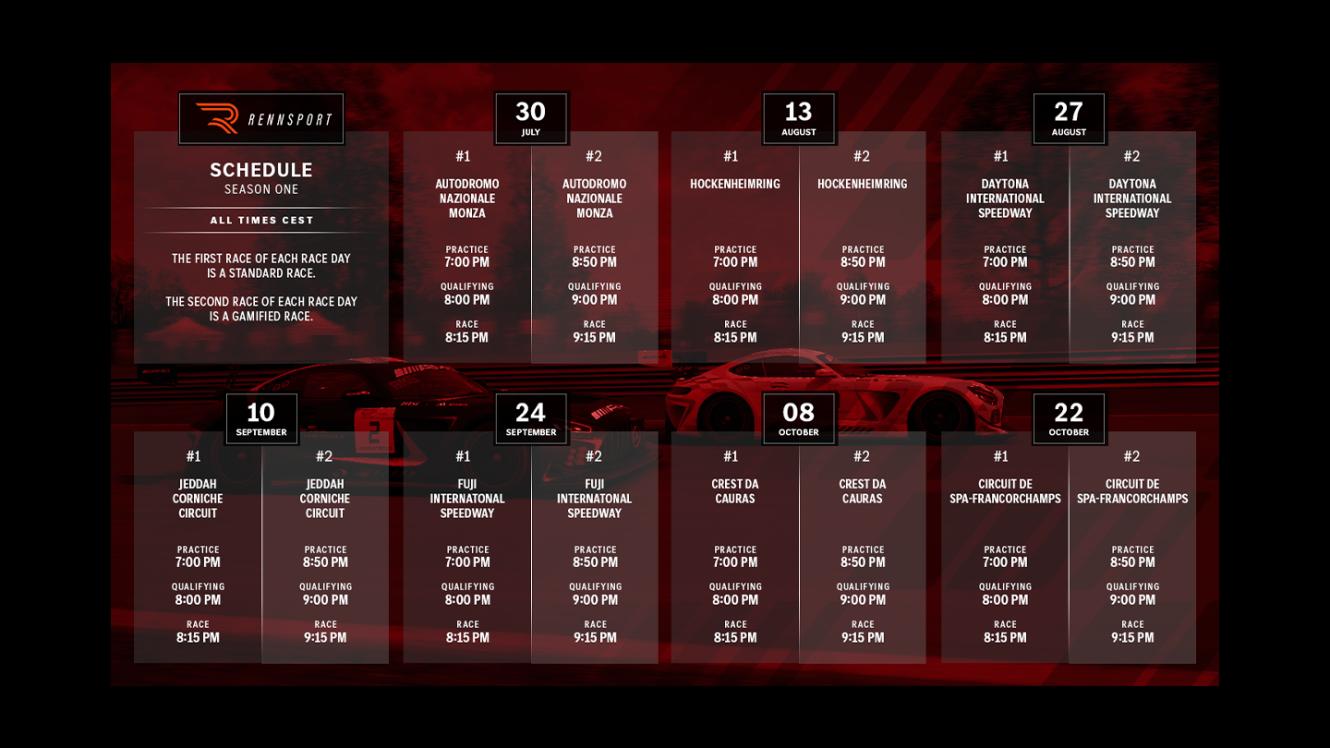 Eine Grafik, die den Rennkalender für Rennsport zeigt.
