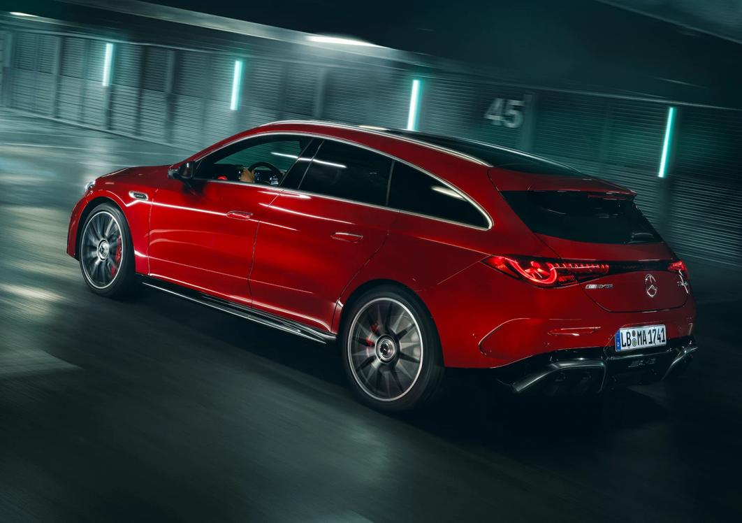 The Mercedes-AMG CLA 45 4MATIC+ Shooting Brake, seen from the side in an underground car park