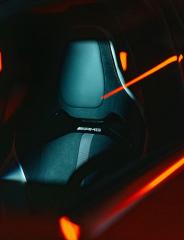 Close-up of the driver’s seat headrest