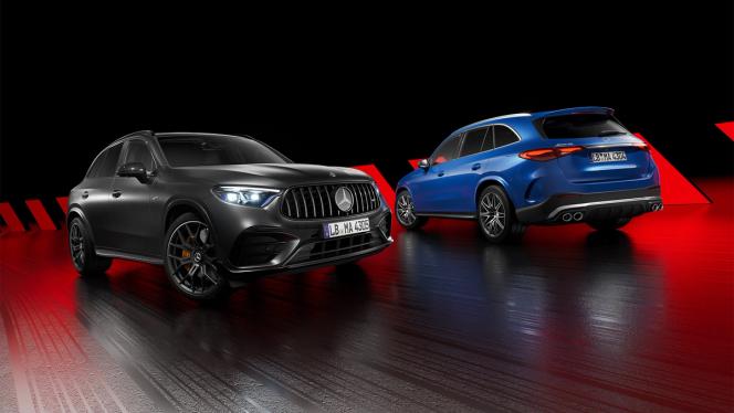 Ein Mercedes-AMG GLC SUVs und ein Mercedes-AMG GLE 53 SUV stehen nebeneinander.