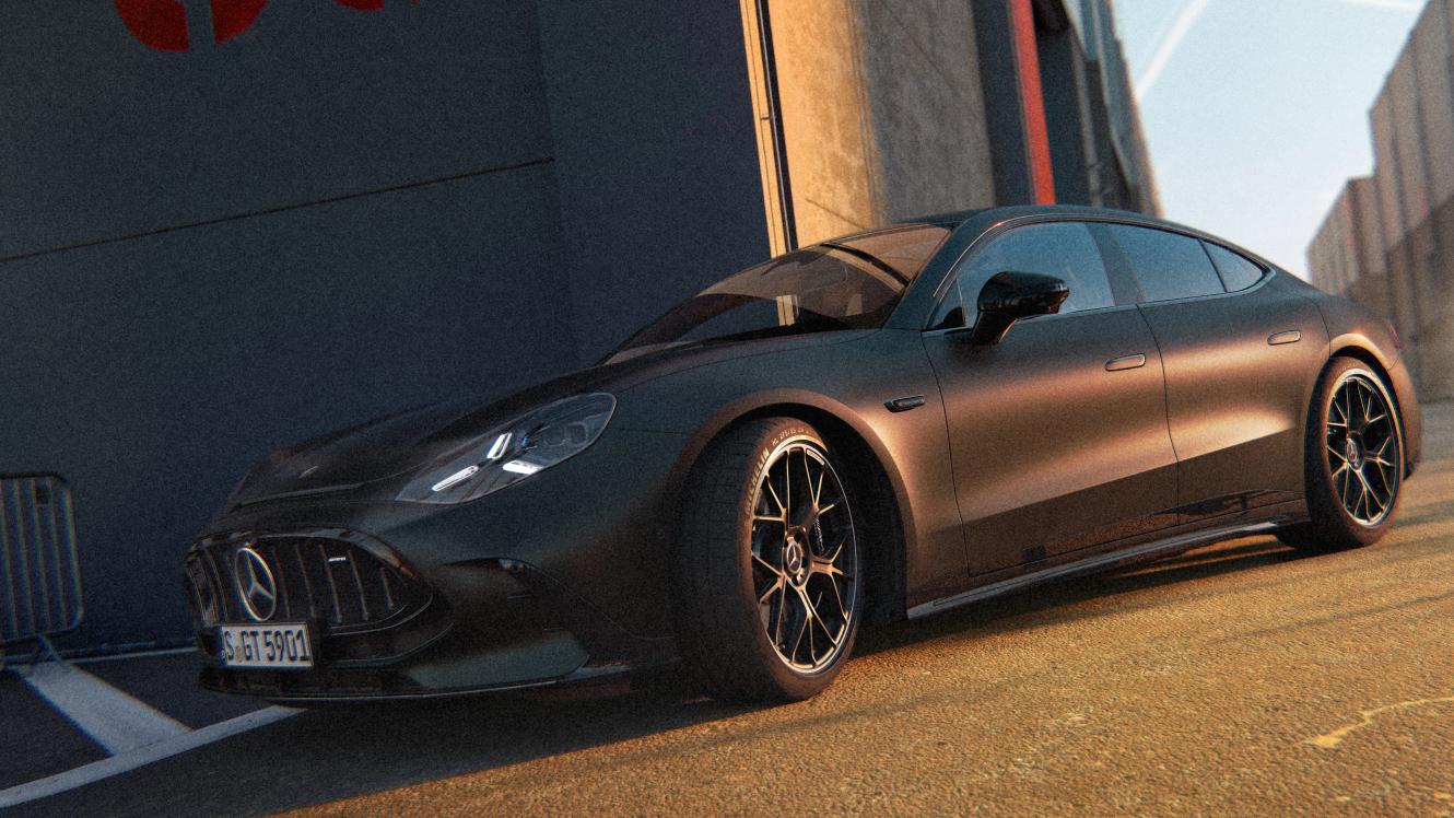 Front and side view of the Mercedes-AMG GT 4-Door Coupé