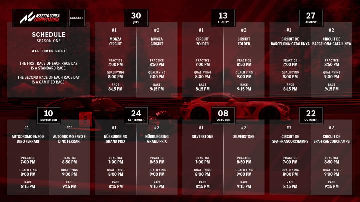 Eine Grafik, die den Rennkalender für Assetto Corsa Competizione Console zeigt.