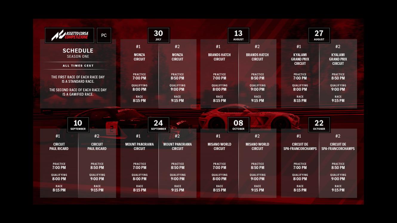 Eine Grafik, die den Rennkalender für Assetto Corsa Competizione PC zeigt.