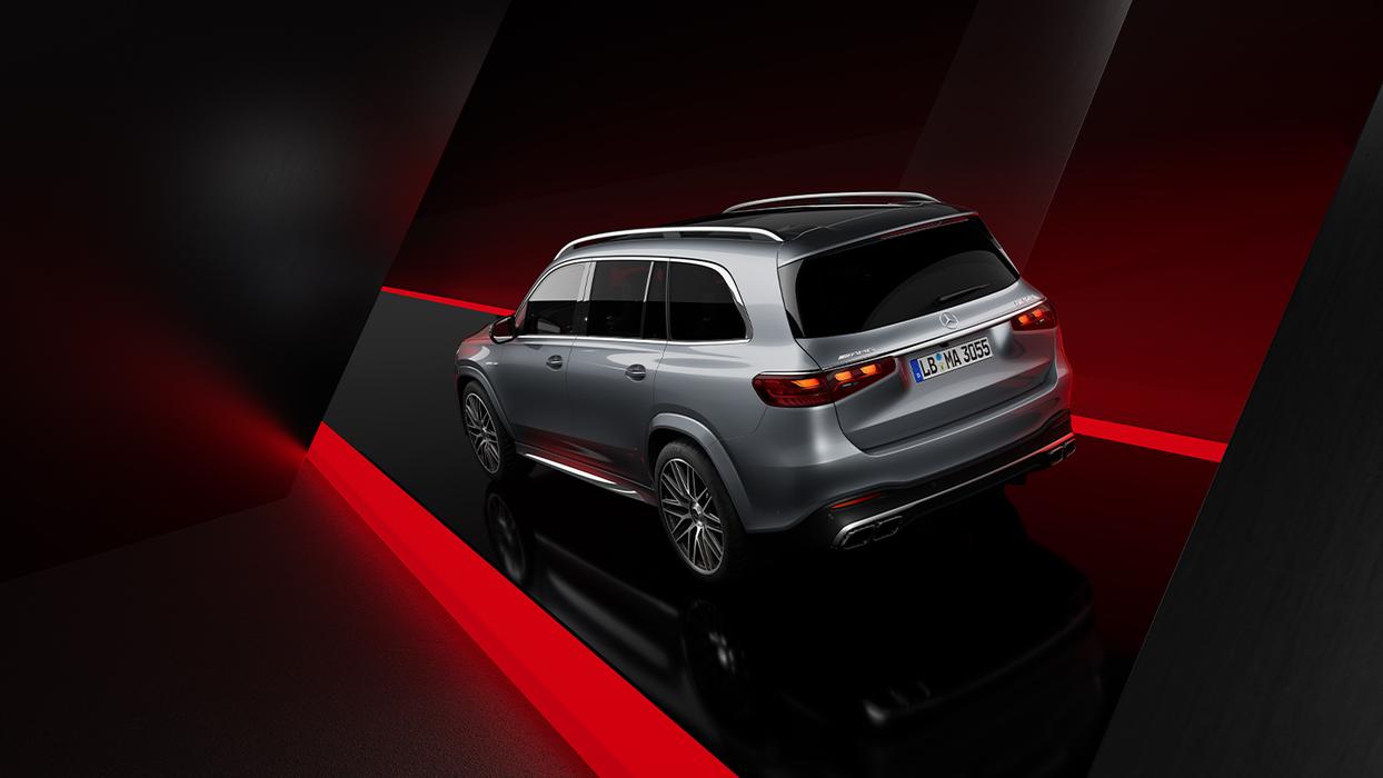 Seitliche Heckansicht des Mercedes-AMG GLE 63 SUV in silberfarben.