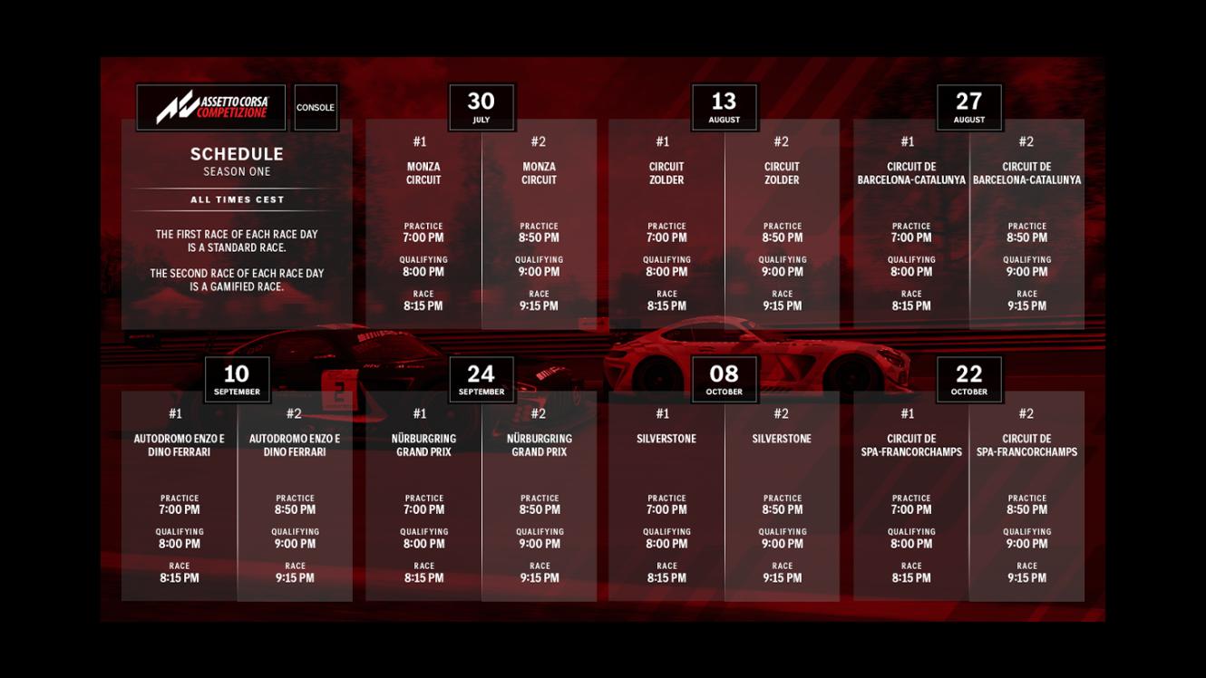 Eine Grafik, die den Rennkalender für Assetto Corsa Competizione Console zeigt.