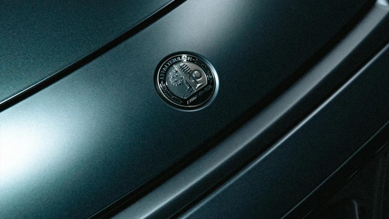 Close-up of the AMG badge on the bonnet