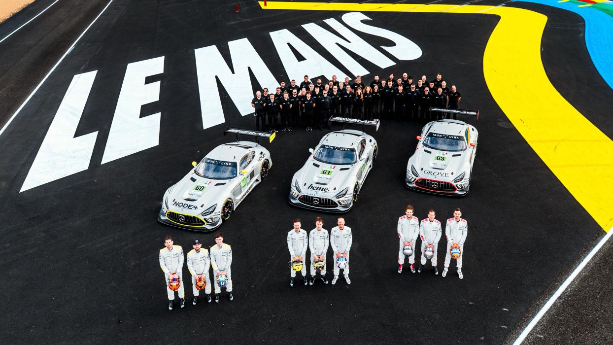 Aerial view of the three Mercedes-AMG GT teams at the 24 Hours of Le Mans 2025