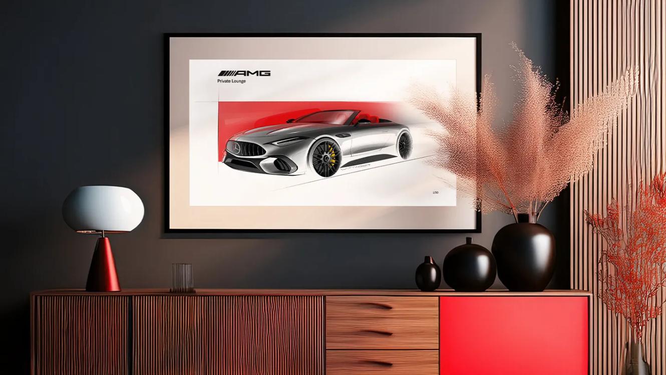 The Mercedes-AMG SL design sketch in a modern living room