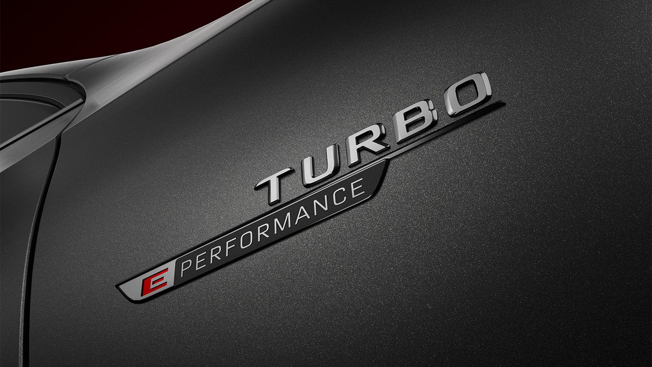 Nahaufnahme des "Turbo E PERFORMANCE" Schriftzugs.