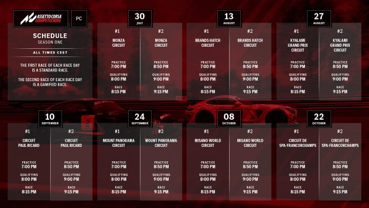 Eine Grafik, die den Rennkalender für Assetto Corsa Competizione PC zeigt.