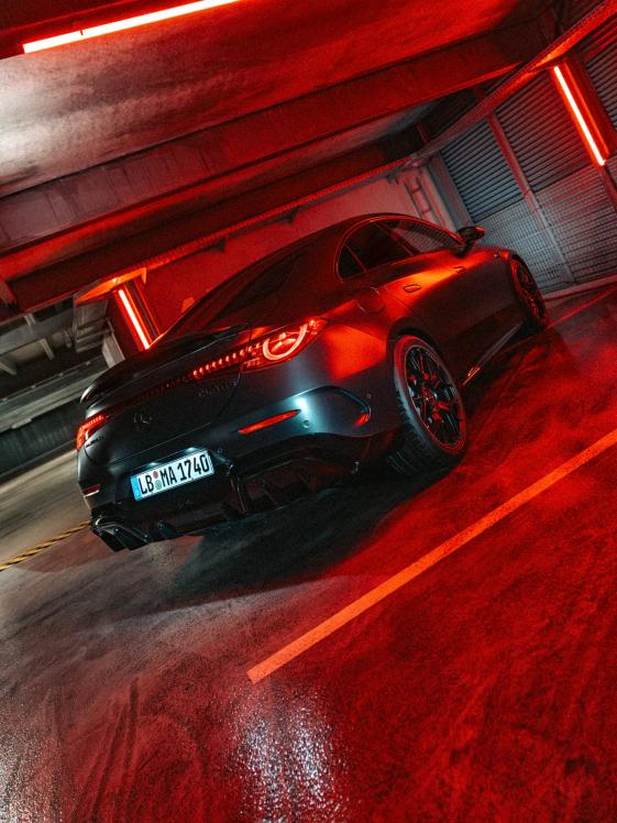 The Mercedes-AMG CLA 45 4MATIC+ sedan in an underground car park with red lighting